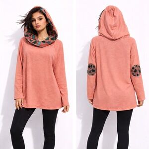 MAI SOLI Oversized Hoodie Tunic Dress Shirt Leopard Print Long Sleeve Coral M